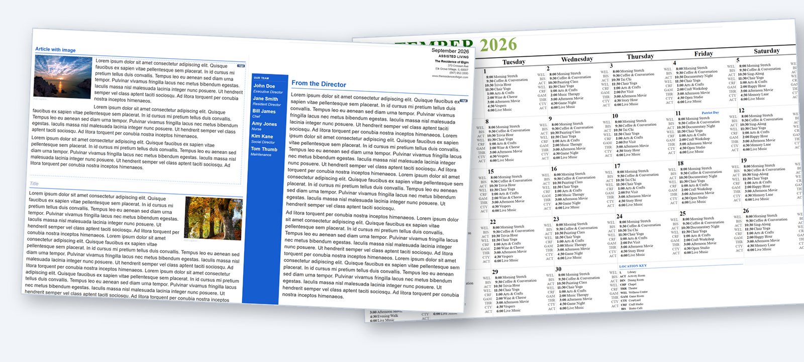 Front page and activity calendar from a personalised senior-living newsletter produced by Bell Litho, Inc.